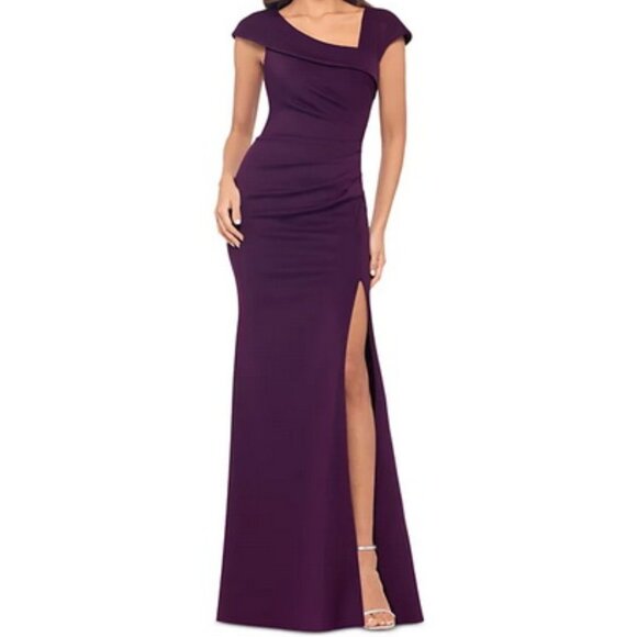 Xscape Plum Purple Asymmetric Neck Scuba Trumpet Gown - Picture 1 of 3